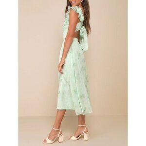 Lulus Loveliest Darling Light Green Floral Ruffled Tie-Back Midi Dress Sz Small